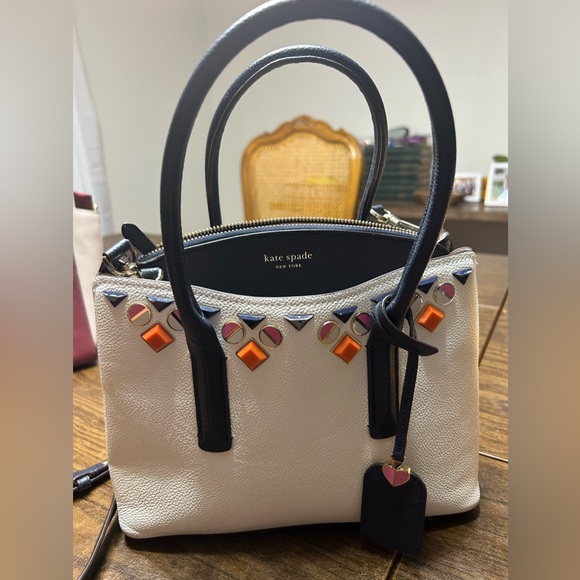 KATE SPADE MARGAUX JEWELED MEDIUM LEATHER PURSE White & Navy satchel/cro… - Picture 7 of 16